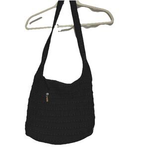 The Sak Black Crochet Purse Tote Shoulder Bag Outside Zipped Pocket Boho Classic